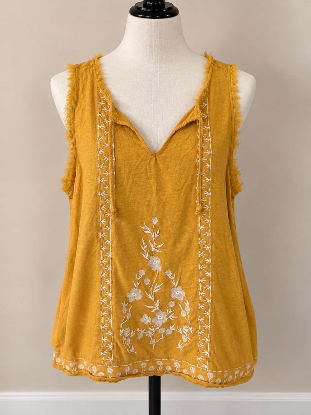Mustard Yellow Embroidered Boho Tank Top Raw Edge L